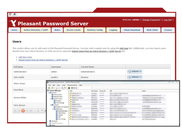 KeePass Server Funktionen und Pleasant Password Server Screenshot